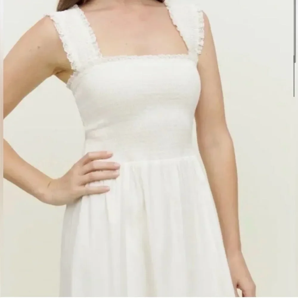 Reformation Villa Midi Dress Smocked Organic Cotton White Size L - Picture 2 of 9